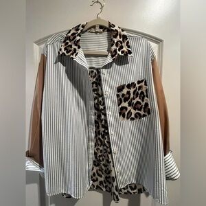 Striped and Leopard Print Button-Up Shirt
